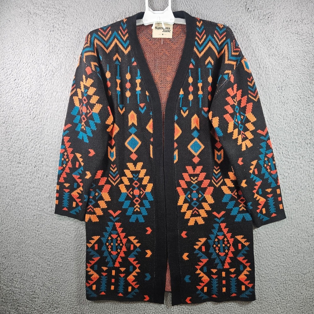 Savanna Jane Southwest Geometric Print Open Front Cardigan Sweater Size M
